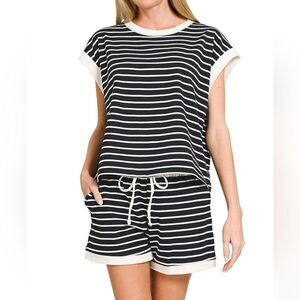 Zenana Striped Black White Lounge Matching Short Sleeve Short Set